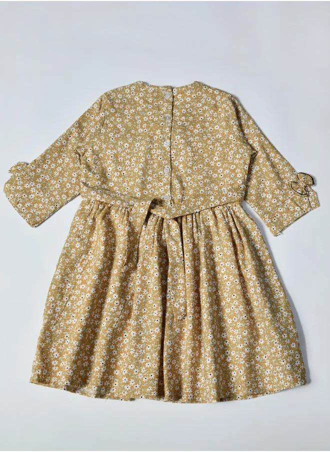 بيلا مودا Bella Moda Floral Print Gathered Cotton Dress with Bow Detail