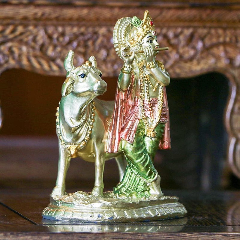 alikiki Hindu God Lord Krishna Statue with Cow Nandi - Image 4