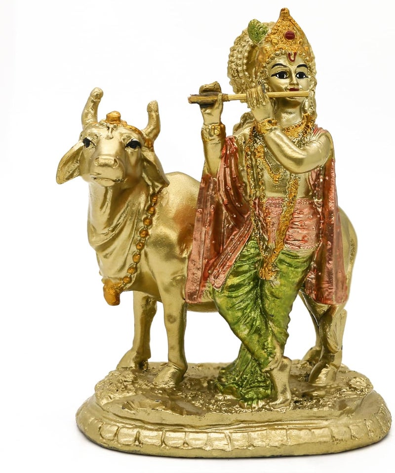 alikiki Hindu God Lord Krishna Statue with Cow Nandi - Image 1
