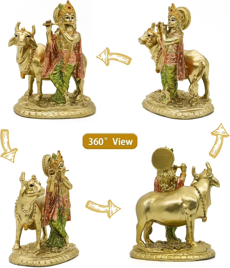 alikiki Hindu God Lord Krishna Statue with Cow Nandi - Image 2