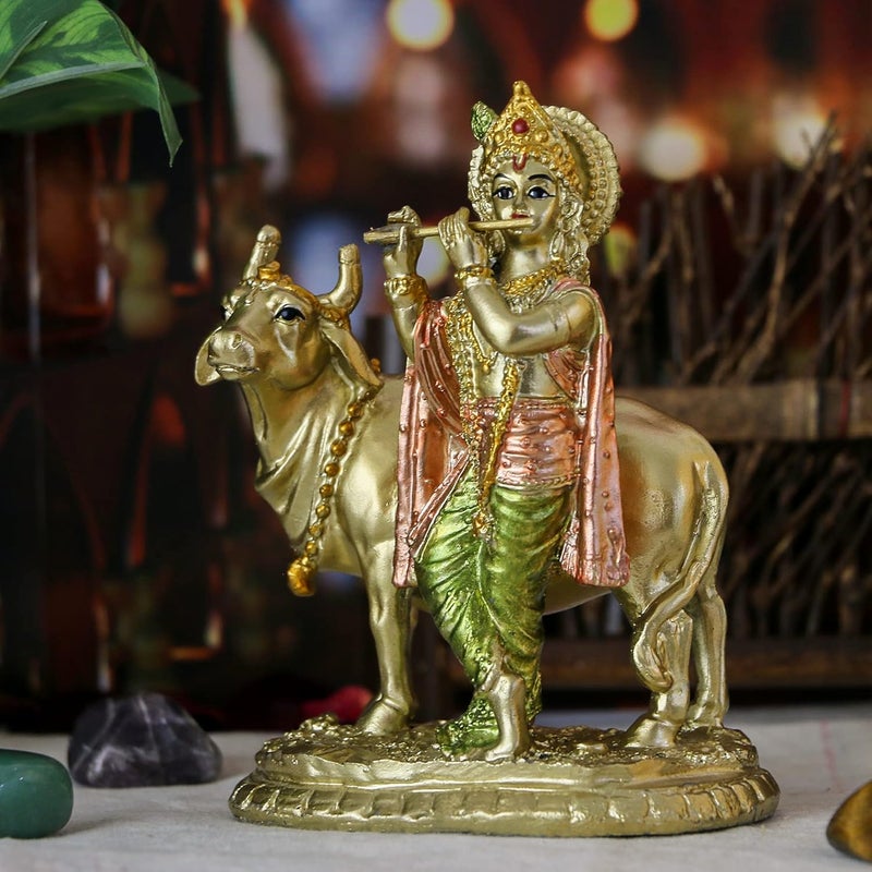 alikiki Hindu God Lord Krishna Statue with Cow Nandi - Image 3