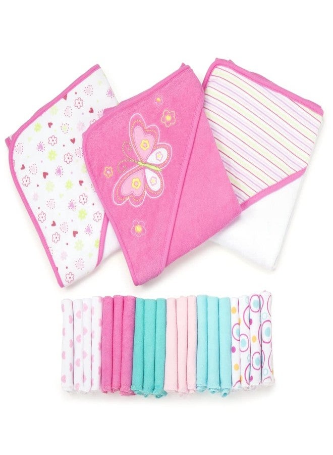 Spasilk Bath Hooded Towels & Washcloths Set for Babies, 23-Piece Gift Set, Pink Butterfly, (Gift GBA23 07) - Image 1