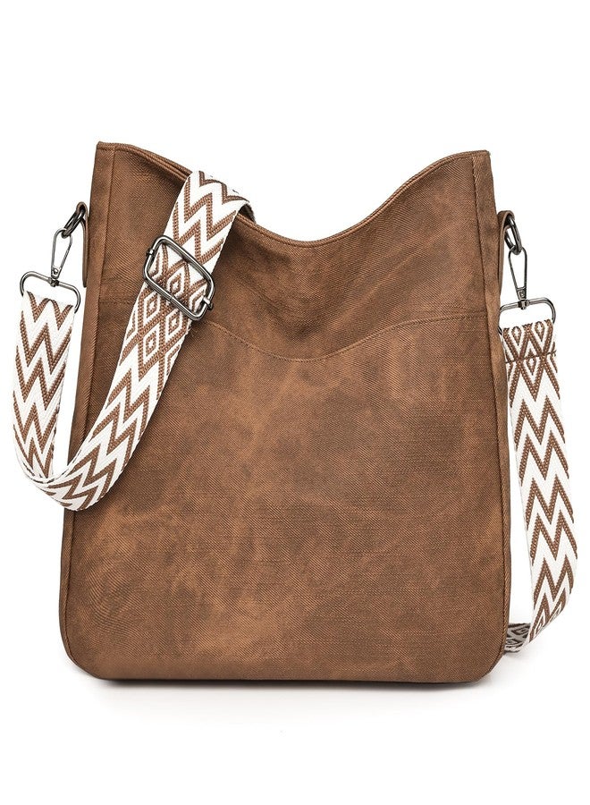 Outplea Boho Shoulder Bag with Zipper for Women, Trendy Crossbody Purse with Wide Adjustable Guitar Strap, Vintage Cross Body Handbag for Daily Use, Commuting, Workout, Brown - Image 1