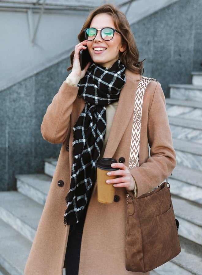 Outplea Boho Shoulder Bag with Zipper for Women, Trendy Crossbody Purse with Wide Adjustable Guitar Strap, Vintage Cross Body Handbag for Daily Use, Commuting, Workout, Brown - Image 3
