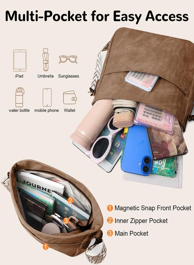 Outplea Boho Shoulder Bag with Zipper for Women, Trendy Crossbody Purse with Wide Adjustable Guitar Strap, Vintage Cross Body Handbag for Daily Use, Commuting, Workout, Brown - Image 5