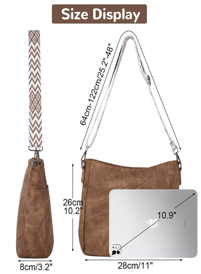 Outplea Boho Shoulder Bag with Zipper for Women, Trendy Crossbody Purse with Wide Adjustable Guitar Strap, Vintage Cross Body Handbag for Daily Use, Commuting, Workout, Brown - Image 4