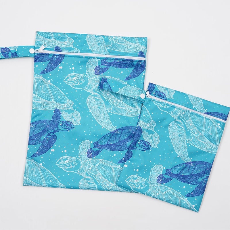 CoolaPeach 2 Pcs Wet Bags Waterproof Reusable Zippered Pocket Cloth Diaper Wet Dry Bags for Travel Beach Pool Swim Baby DiapersGym Yoga Wet ClothesSwimsuitwater wipesBlue turtle - Image 2