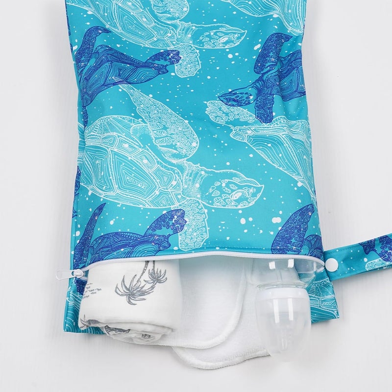 CoolaPeach 2 Pcs Wet Bags Waterproof Reusable Zippered Pocket Cloth Diaper Wet Dry Bags for Travel Beach Pool Swim Baby DiapersGym Yoga Wet ClothesSwimsuitwater wipesBlue turtle - Image 3