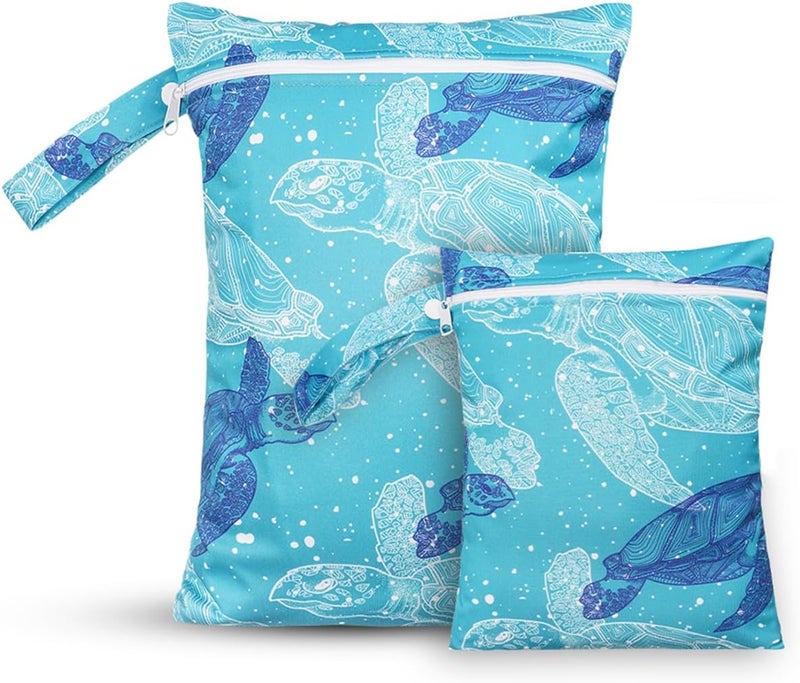 CoolaPeach 2 Pcs Wet Bags Waterproof Reusable Zippered Pocket Cloth Diaper Wet Dry Bags for Travel Beach Pool Swim Baby DiapersGym Yoga Wet ClothesSwimsuitwater wipesBlue turtle - Image 1