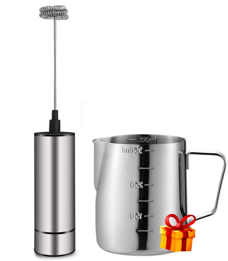 Milk Frother Handheld Battery Operated Coffee Frother for Milk Foaming LatteCappuccino Frother Mini Frappe Mixer for Drink Hot Chocolate Stainless Steel Silver