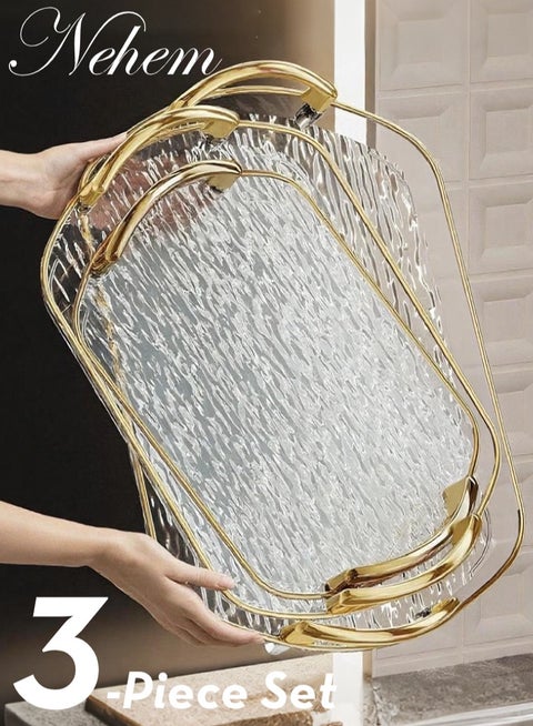 3 PCS Clear Serving Tray, With Polished Metal Handles, Serving Plate, Wavy Pattern Clear Tray, Spill-Proof Tray, Decorative Serving Tray for Coffee Table, Tea, Storage