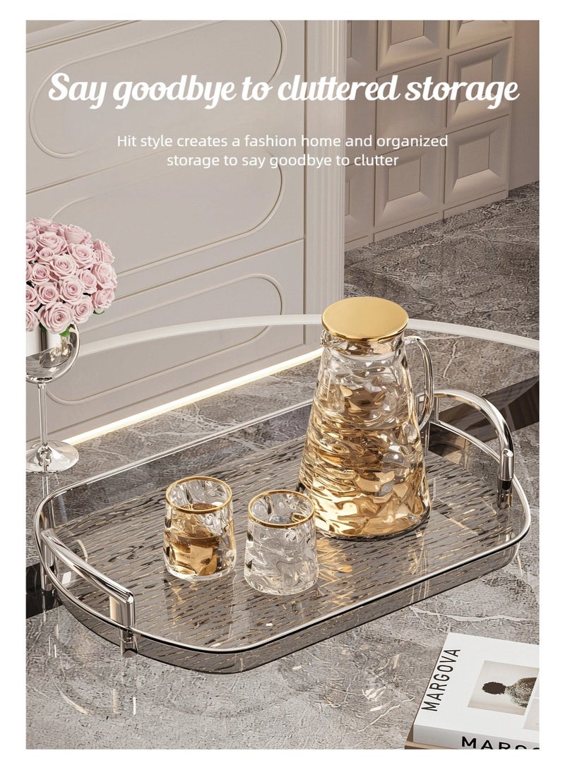 nehem 3 PCS Clear Serving Tray, With Polished Metal Handles, Serving Plate, Wavy Pattern Clear Tray, Spill-Proof Tray, Decorative Serving Tray for Coffee Table, Tea, Storage - Image 4