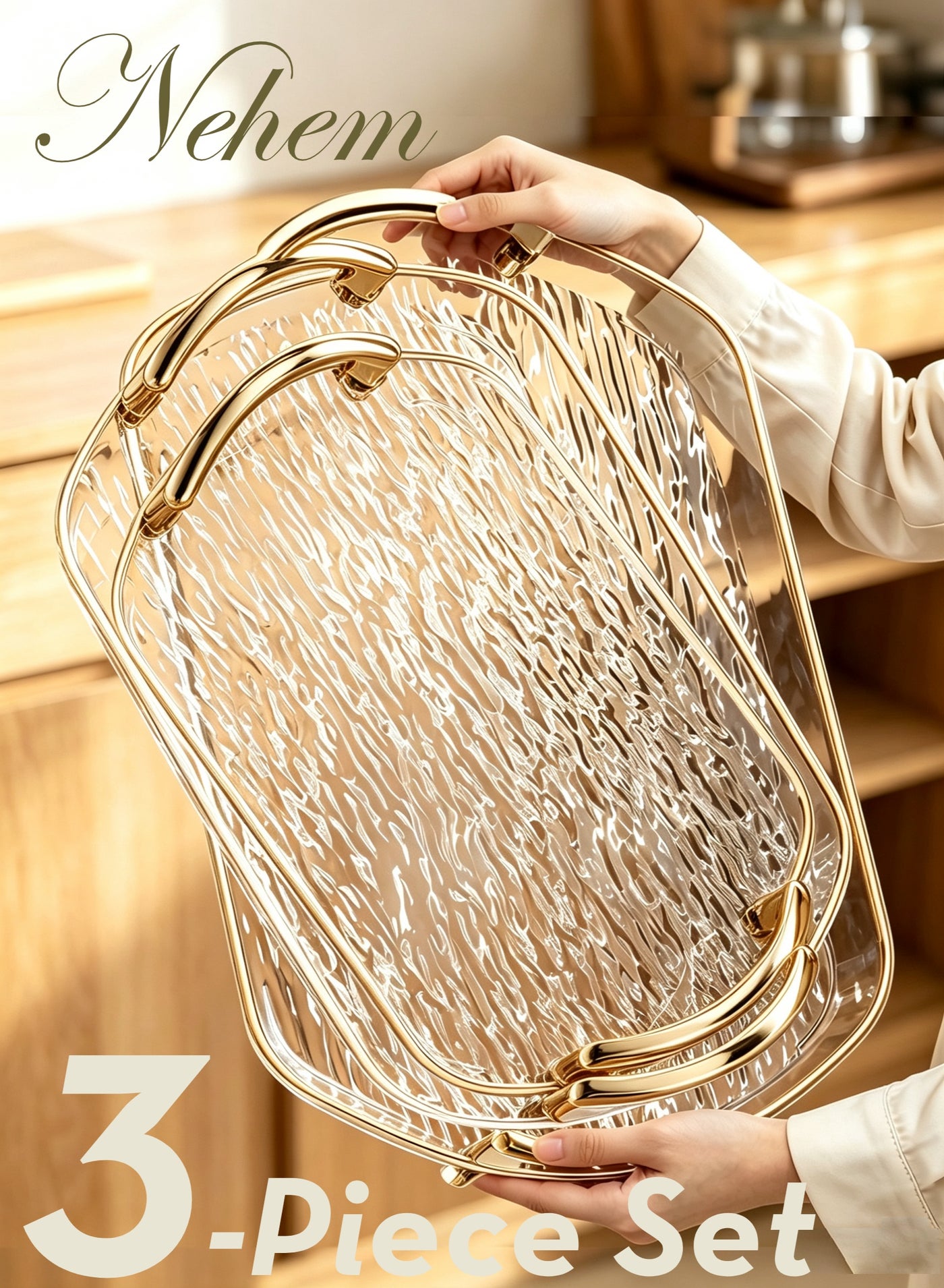 3 PCS Clear Serving Tray, With Polished Metal Handles, Serving Plate, Wavy Pattern Clear Tray, Spill-Proof Tray, Decorative Serving Tray for Coffee Table, Tea, Storage