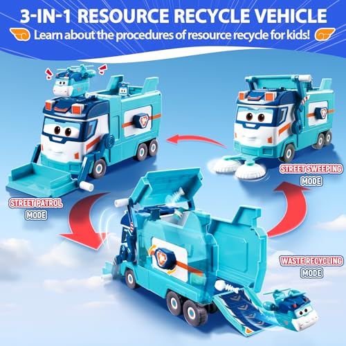 Super Wings Garbage Truck Large Trash Marc and Cleaning Helicopter Shine Recycling Dump Play Set Vehicle Learning Toys Set Street Sweeper Cars Toys for Boys Kids Ages 3 4 5 6 7 8 9 - Image 5