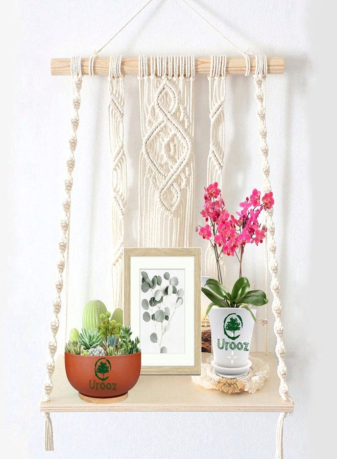 Urooz Macramé Wooden Wall Hanging Shelf |943| Modern Chic Woven Macrame Tapestries, Wall Art Home Decor for Apartment, Dorm, Bedroom, Living Room, Nursery, Party Decorations, 15" Wx 16" H - Image 1