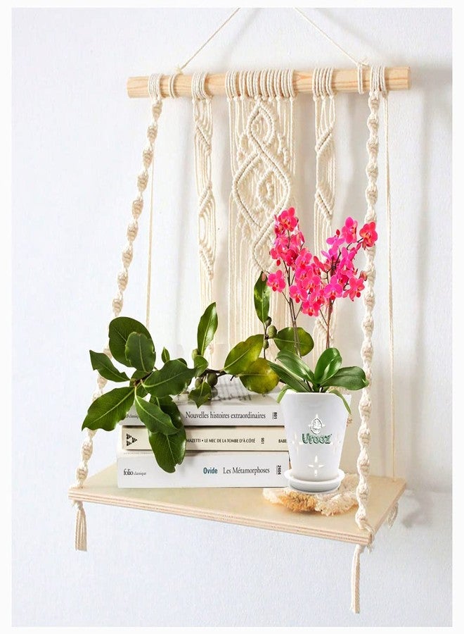 Urooz Macramé Wooden Wall Hanging Shelf |943| Modern Chic Woven Macrame Tapestries, Wall Art Home Decor for Apartment, Dorm, Bedroom, Living Room, Nursery, Party Decorations, 15" Wx 16" H - Image 2