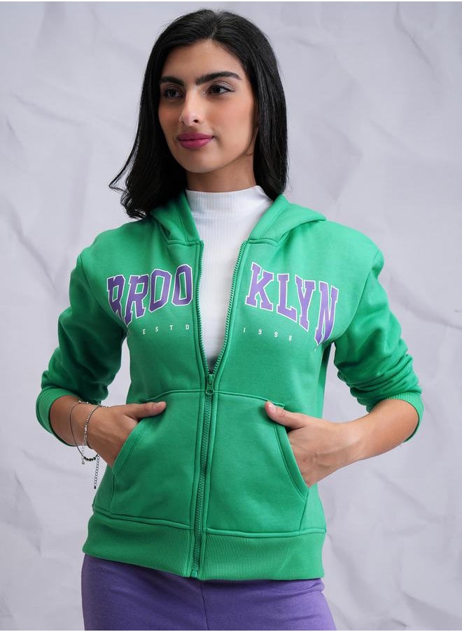 Tokyo Talkies Zipper Front Printed Hooded Sweatshirt by Styli  - Image 1
