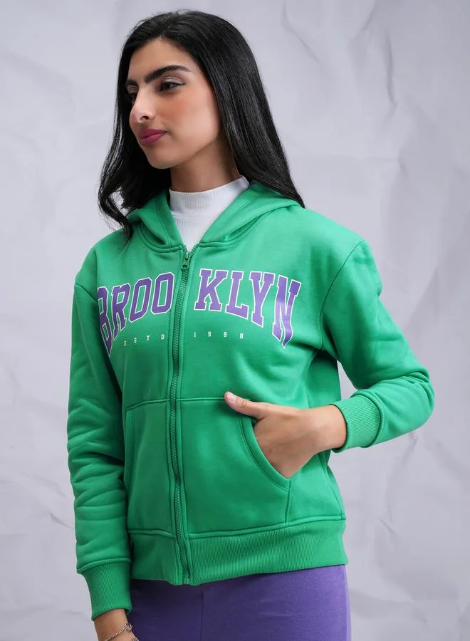 Tokyo Talkies Zipper Front Printed Hooded Sweatshirt