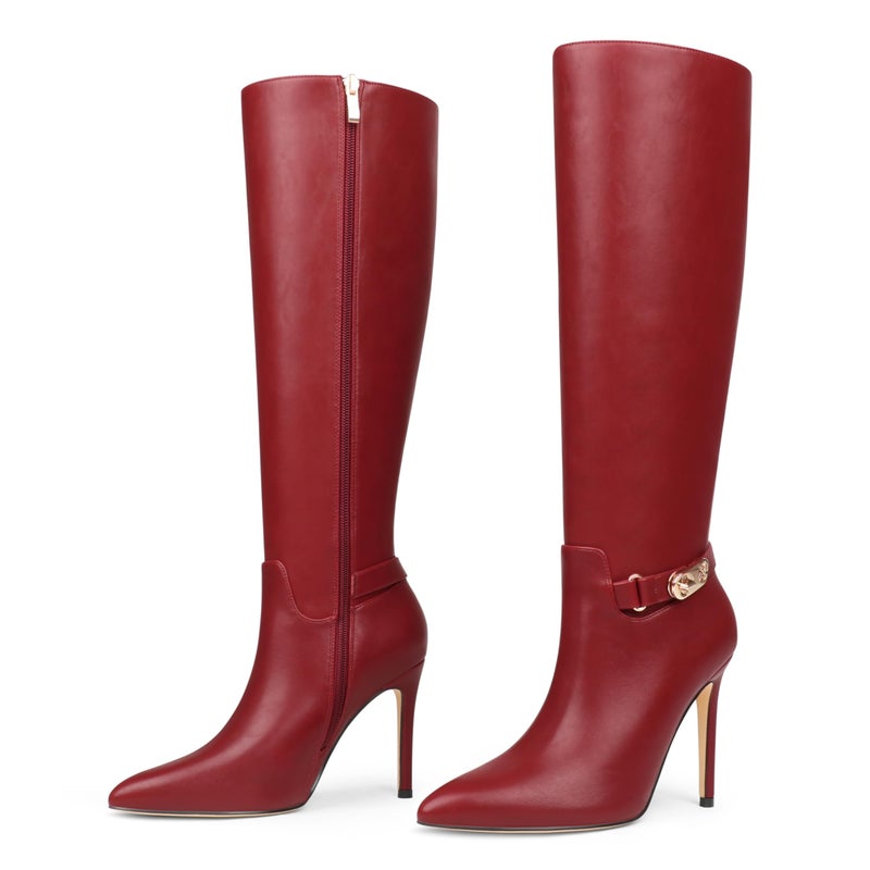 COLETER Women's Knee High Boots Pointed Toe Stiletto Buckle Dress Boots Zipper Heeled Boots Matte Burgundy 9US - Image 1