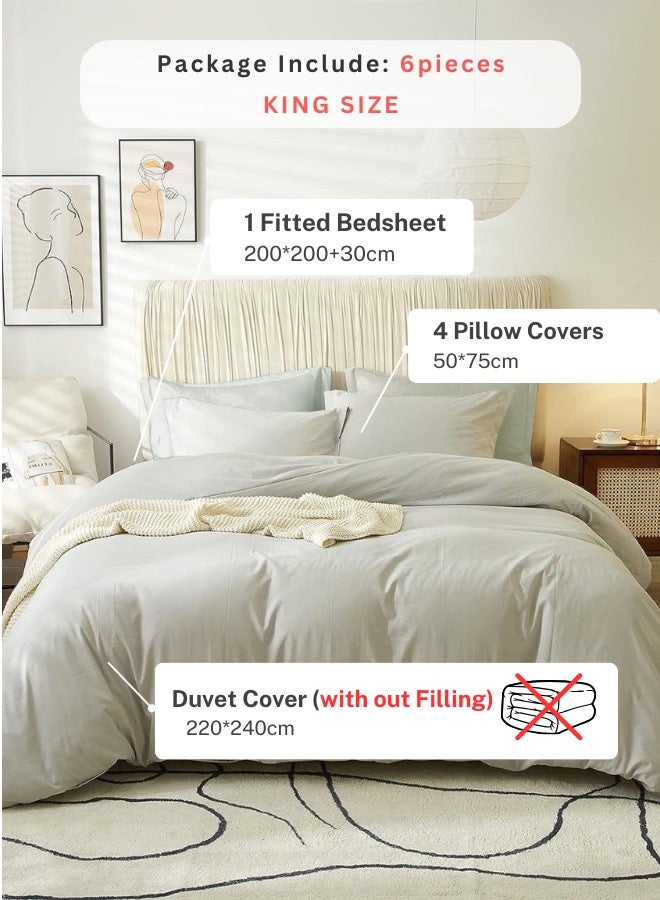 LUNA Home Washable Cotton 6 Piece King Size Duvet Cover Plain Design Light Gray - Image 2