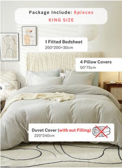 LUNA Home Washable Cotton 6 Piece King Size Duvet Cover Plain Design Light Gray  - Image 2