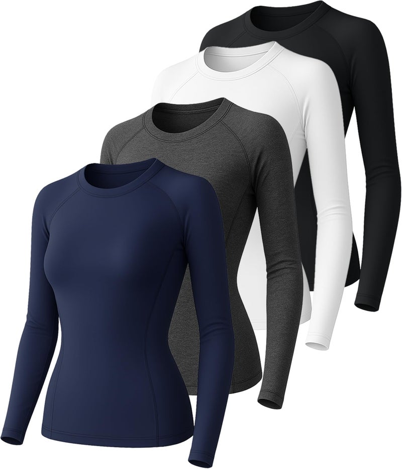 Raxilon 4 Pack Long Sleeve Compression Shirts Woman's Underscrub Athletic Workout Undershirt Dry Fit T-Shirt for Gym Running Tops - Image 1
