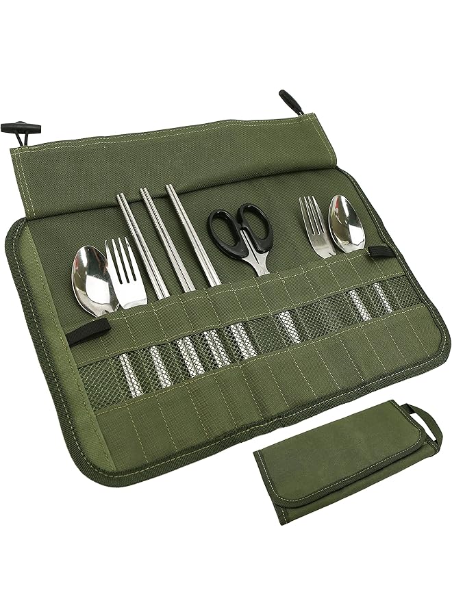 BIGTHREE Camping Utensil Roll Bag Waterproof Chef Knife Cutlery Up Pouch Bag with 13 Slots For Fork Spoon Chopstick Portable Professional Case Hold Storage Kitchen Cooking Set Travel Organizer - Image 1