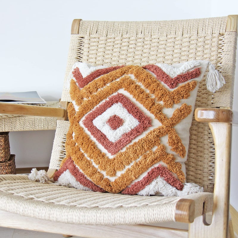 JOJUSIS Boho Throw Pillow Covers with Handmade Tassels Decorative Woven Tufted Burnt Orange Pillowcase for Couch Bedroom 18 x 18 Inch