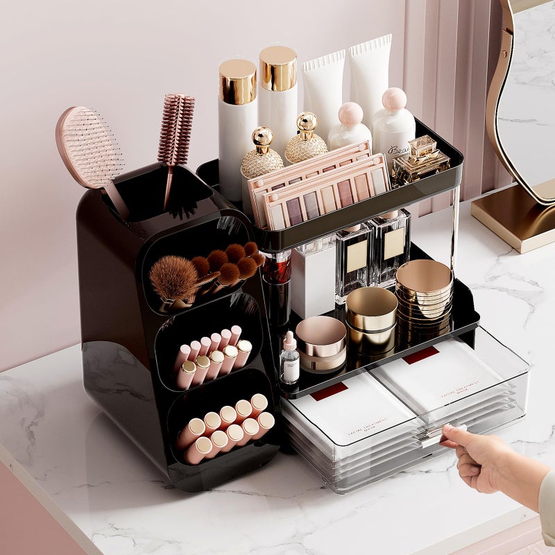 UFORU Makeup Organizer for Vanity with Brush Holder, 2 Tiers Countertop Skincare, Cologne Organizer and Perfume Stand for Men Bathroom Vanity, Large Capacity Makeup Storage, Black - Image 5