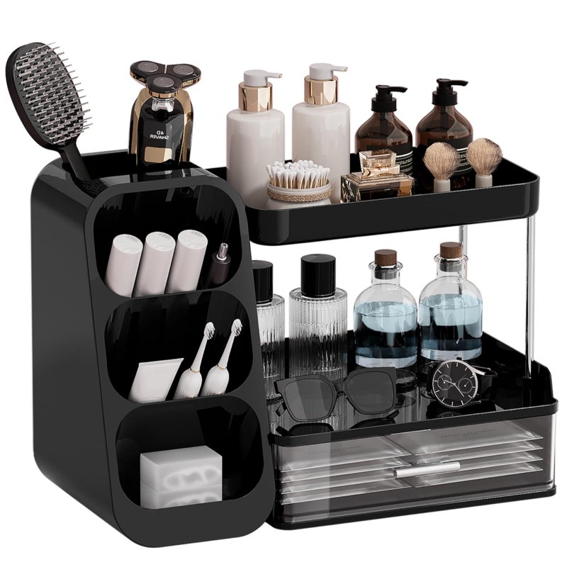 UFORU Makeup Organizer for Vanity with Brush Holder, 2 Tiers Countertop Skincare, Cologne Organizer and Perfume Stand for Men Bathroom Vanity, Large Capacity Makeup Storage, Black - Image 1