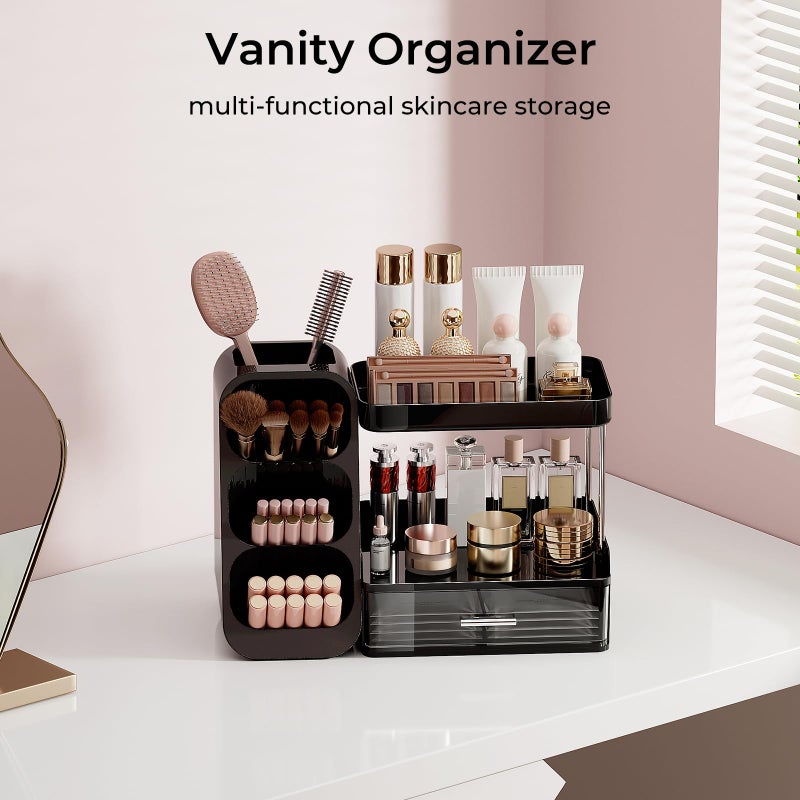 UFORU Makeup Organizer for Vanity with Brush Holder, 2 Tiers Countertop Skincare, Cologne Organizer and Perfume Stand for Men Bathroom Vanity, Large Capacity Makeup Storage, Black - Image 3
