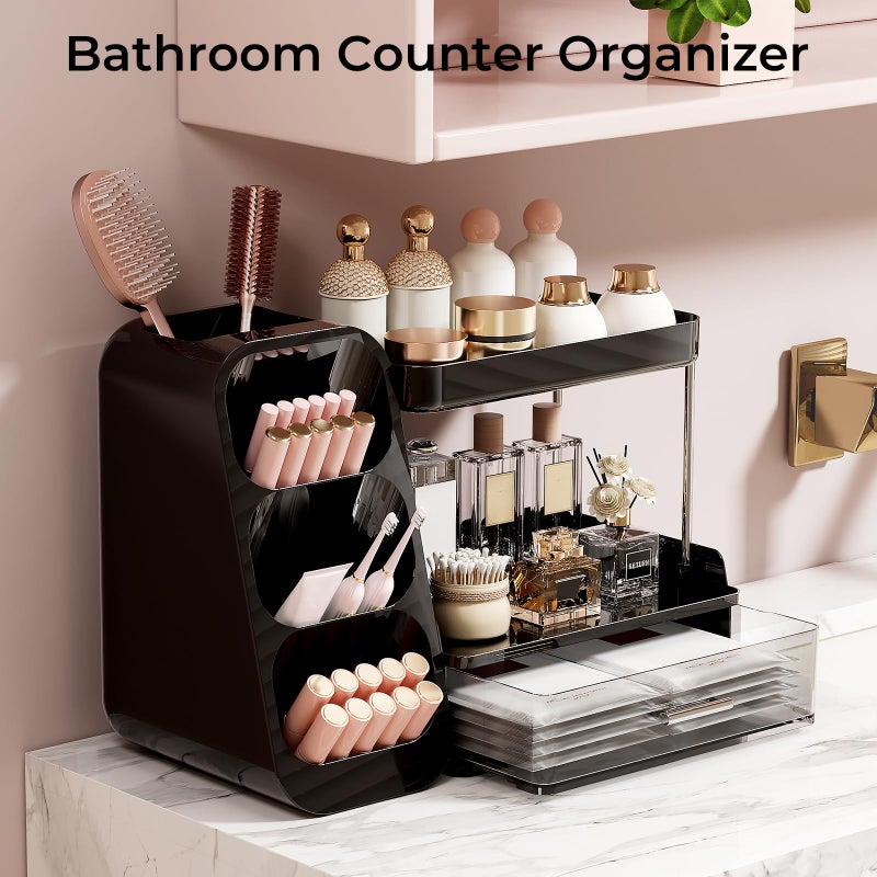 UFORU Makeup Organizer for Vanity with Brush Holder, 2 Tiers Countertop Skincare, Cologne Organizer and Perfume Stand for Men Bathroom Vanity, Large Capacity Makeup Storage, Black - Image 2