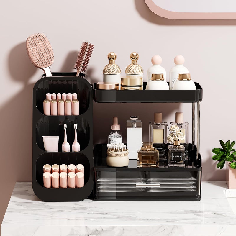 UFORU Makeup Organizer for Vanity with Brush Holder, 2 Tiers Countertop Skincare, Cologne Organizer and Perfume Stand for Men Bathroom Vanity, Large Capacity Makeup Storage, Black - Image 4