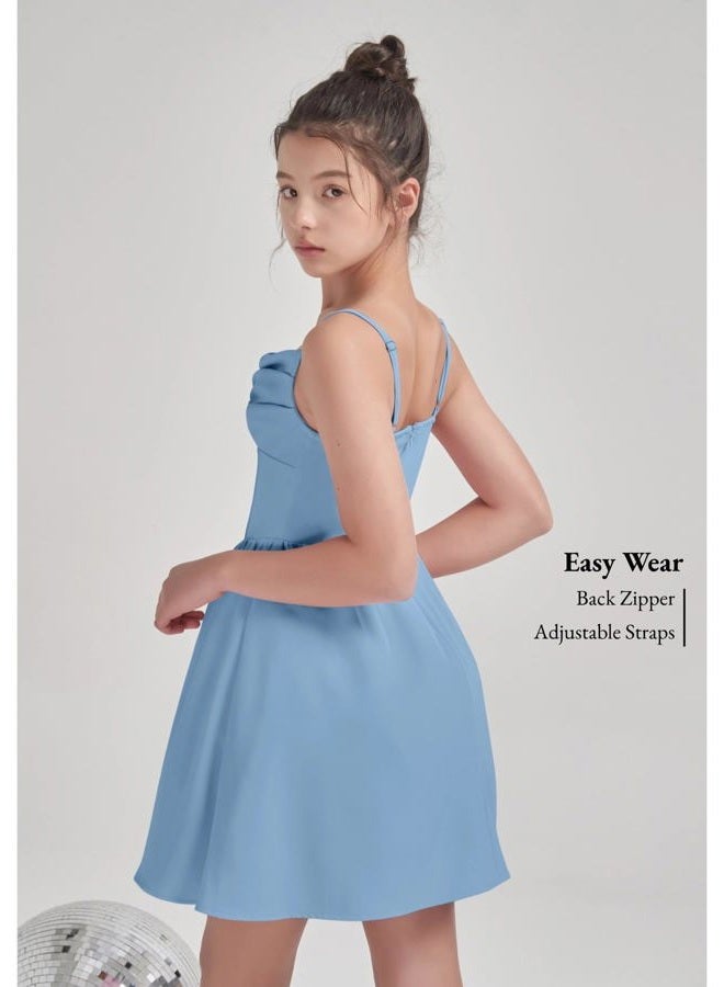 EXARUS Girls Formal Dress Ruched Teen Homecoming Dance Special Occasion Tween Graduation Prom Party Ruffle Dresses, Spaghetti Strap Blue, 16 Years - Image 3