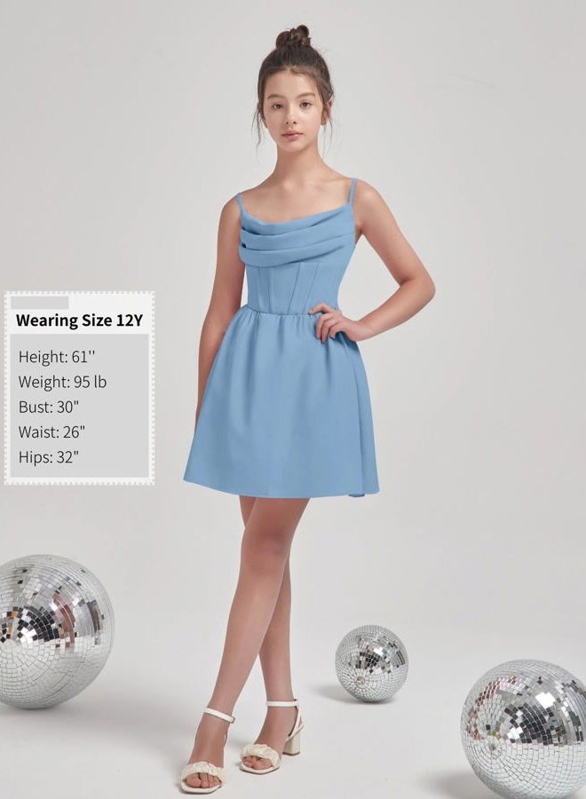 EXARUS Girls Formal Dress Ruched Teen Homecoming Dance Special Occasion Tween Graduation Prom Party Ruffle Dresses, Spaghetti Strap Blue, 16 Years - Image 5