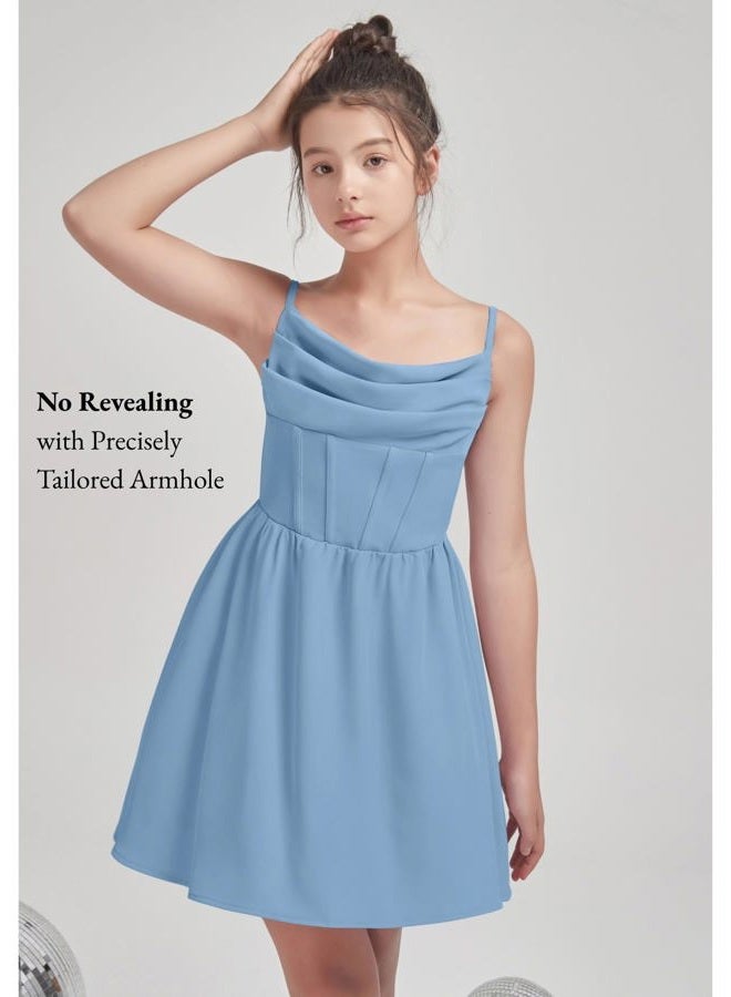 EXARUS Girls Formal Dress Ruched Teen Homecoming Dance Special Occasion Tween Graduation Prom Party Ruffle Dresses, Spaghetti Strap Blue, 16 Years - Image 4
