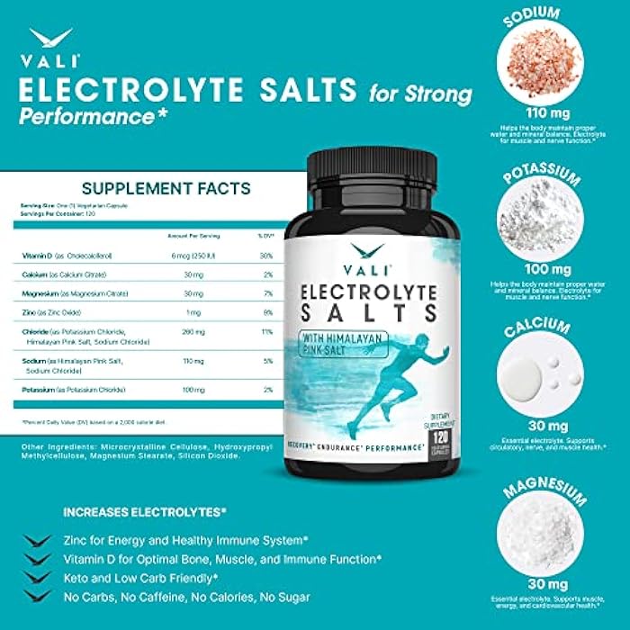 VALI Electrolyte Salts Rapid Oral Rehydration Replacement Pills. Hydration Nutrition Powder Supplement, Recovery & Relief Fast. Fluid Health Essentials. Keto Salt Mineral Tablets. 120 Veggie Capsules - Image 2