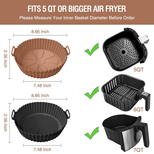AKSDTH 2 Pack Air Fryer Silicone Liners for 5 QT or Bigger,Silicone Air Fryer Liners Inserts,Replacement of Flammable Parchment Paper,Reusable Baking Tray Oven Accessories,Brown+Blk(Top8.66in, Bottom7.48in) - Image 2