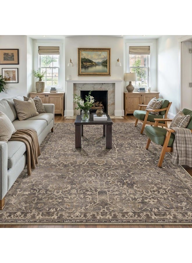 HUGEAR Area Rug 9x12 Retro Brown Machine Washable Living Room Rugs Distressed Vintage Floral Vacuumable Low Pile Carpet Bedroom Office Dining Room Laundry Room Non Slip Soft Lightweight - Image 4