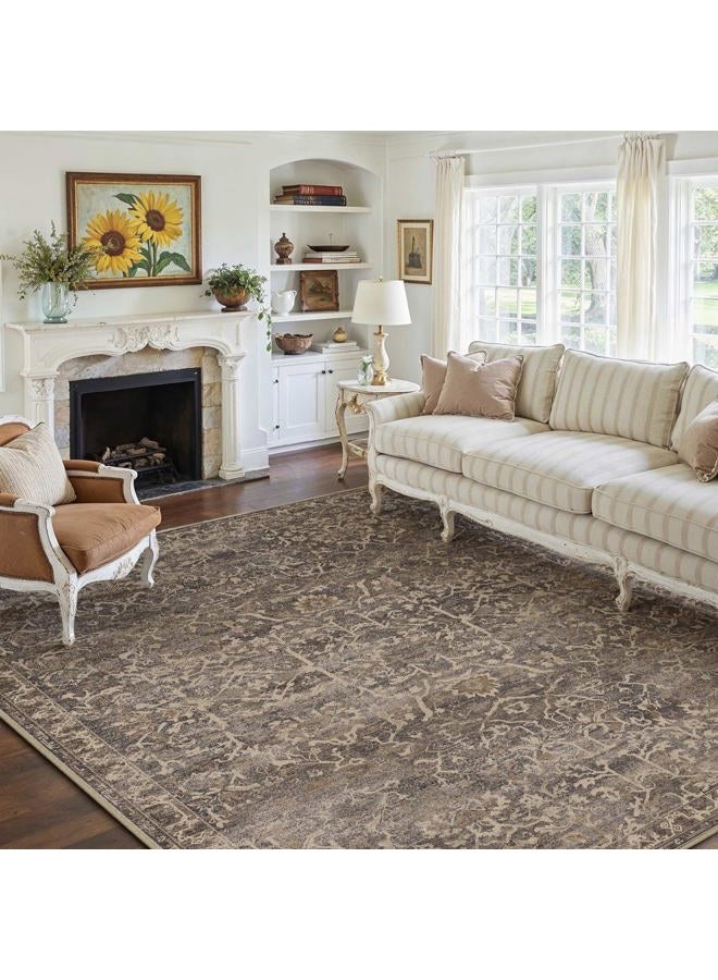 HUGEAR Area Rug 9x12 Retro Brown Machine Washable Living Room Rugs Distressed Vintage Floral Vacuumable Low Pile Carpet Bedroom Office Dining Room Laundry Room Non Slip Soft Lightweight - Image 3