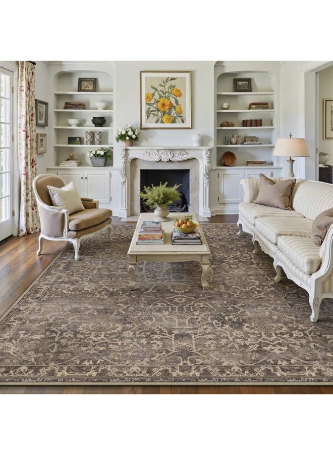 HUGEAR Area Rug 9x12 Retro Brown Machine Washable Living Room Rugs Distressed Vintage Floral Vacuumable Low Pile Carpet Bedroom Office Dining Room Laundry Room Non Slip Soft Lightweight - Image 1