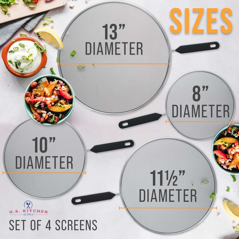 U.S. Kitchen Supply مجموعة واقي تناثر من الفولاذ المقاوم للصدأ 4 قطع من U.S. Kitchen Supply (13 بوصة، 11.5 بوصة، 10 بوصة، 8 بوصة) غطاء شبكي ناعم، واقي من الدهون والزيت، شاشة تناثر لمقلاة، أواني الطهي، مع مقابض مريحة - Image 3