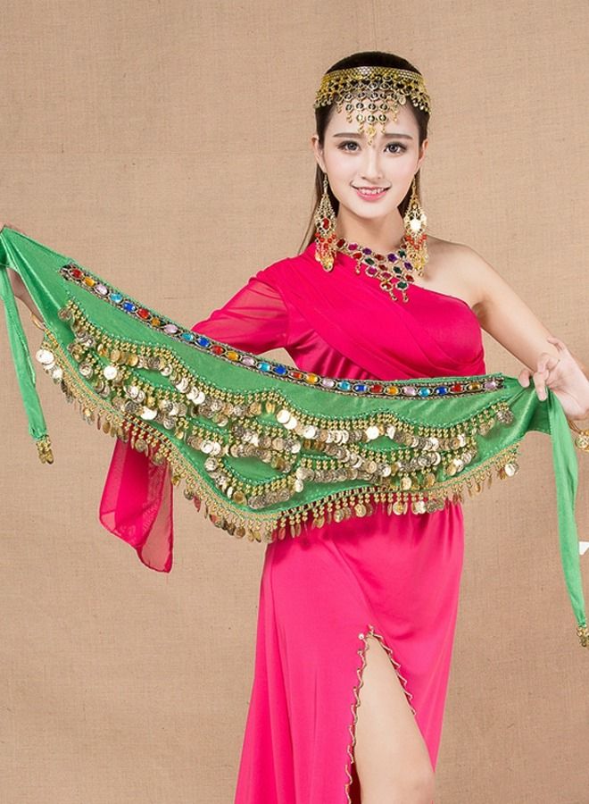 Loquat Coins Pendant Diamond Waist Chain Skirt Belly Dance Waist Wrap Belt Skirts Party Rave Costume Green