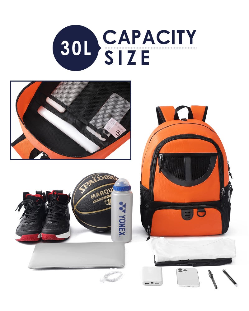 TRAILKICKER Basketball Bag Backpack for Men Women with Ball & Shoes Compartment 30L Capacity Lightweight Breathable Boys Girls Soccer Ball Bag Backpack Fit Volleyball Football Sports Travel School Gym Orange - Image 3