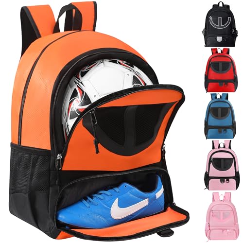 TRAILKICKER Basketball Bag Backpack for Men Women with Ball & Shoes Compartment 30L Capacity Lightweight Breathable Boys Girls Soccer Ball Bag Backpack Fit Volleyball Football Sports Travel School Gym Orange - Image 1
