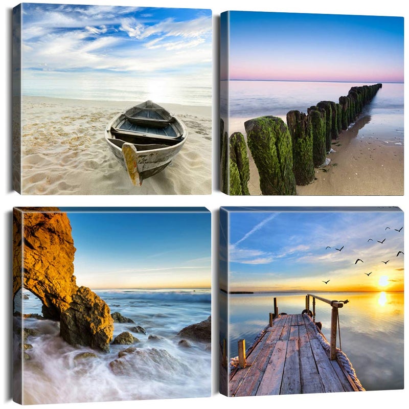 Artscope 4 Pieces Canvas Prints Wall Art Picture Painting Modern Wall Artwork Framed for Bathroom Home Office Decor 12 x 12 Inch The Beach 12x12