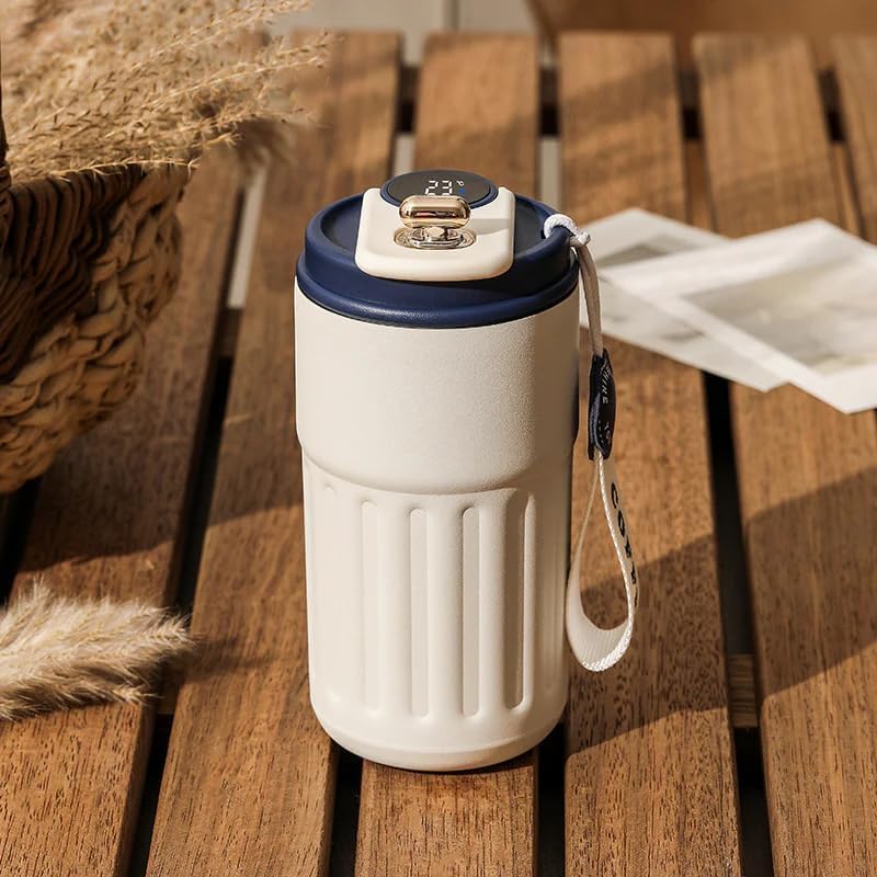 ACHAL ACHAL Vacuum Insulated Coffee Travel Mug with Touch Screen Digital Temperature Display Travel Flasks 460 Ml 316 Stainless Steel Reusable Leak Proof Thermal Mug Easy to Carry White Blue
