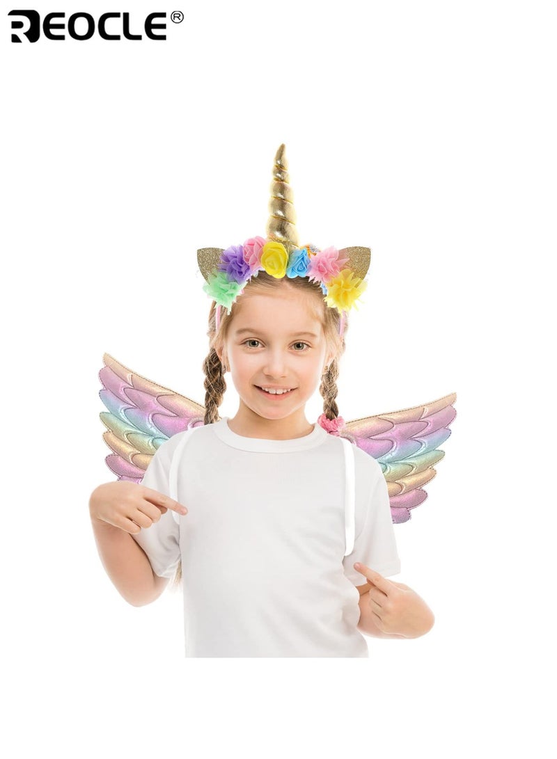 REOCLE Kids Wings with Unicorn Headband Toddler Rainbow Wings for Daily Fun Dress Up Party Favors Soft Comfortable Easy to Wear Design Ideal for Kids Toddlers - Image 2