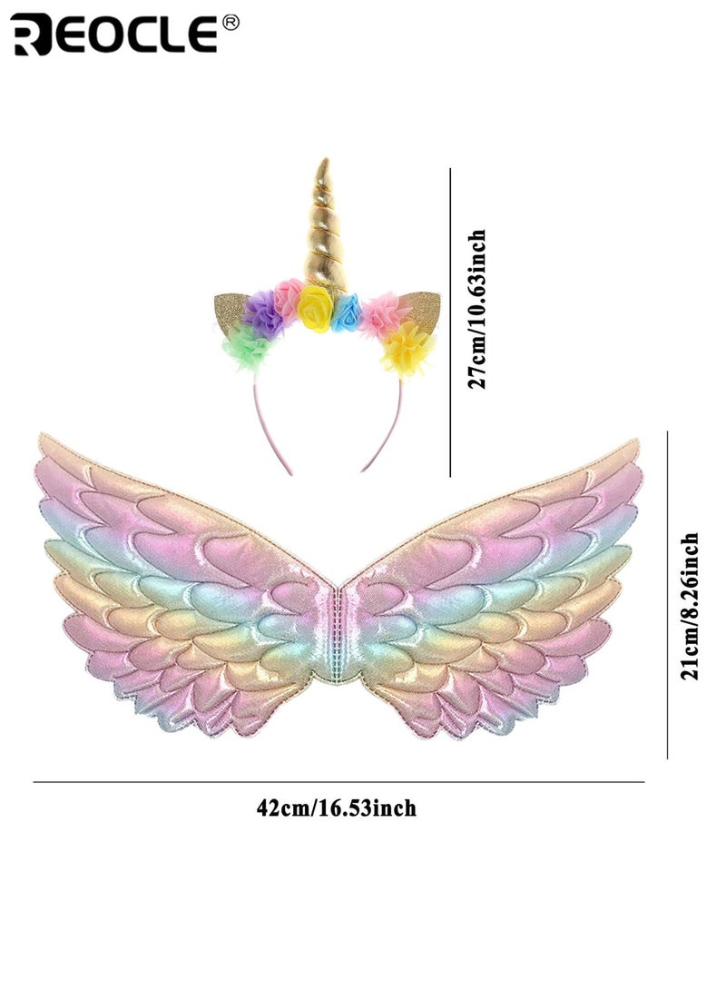 REOCLE Kids Wings with Unicorn Headband Toddler Rainbow Wings for Daily Fun Dress Up Party Favors Soft Comfortable Easy to Wear Design Ideal for Kids Toddlers - Image 5