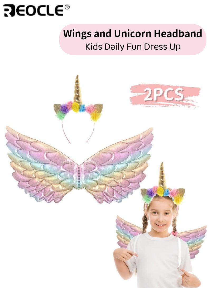 REOCLE Kids Wings with Unicorn Headband Toddler Rainbow Wings for Daily Fun Dress Up Party Favors Soft Comfortable Easy to Wear Design Ideal for Kids Toddlers - Image 1